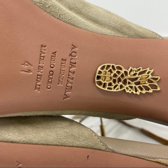 Aquazzura Estelle Leather Suede Cream Grey Taupe Ankle Tie Peep Toe Heels - Picture 13 of 13